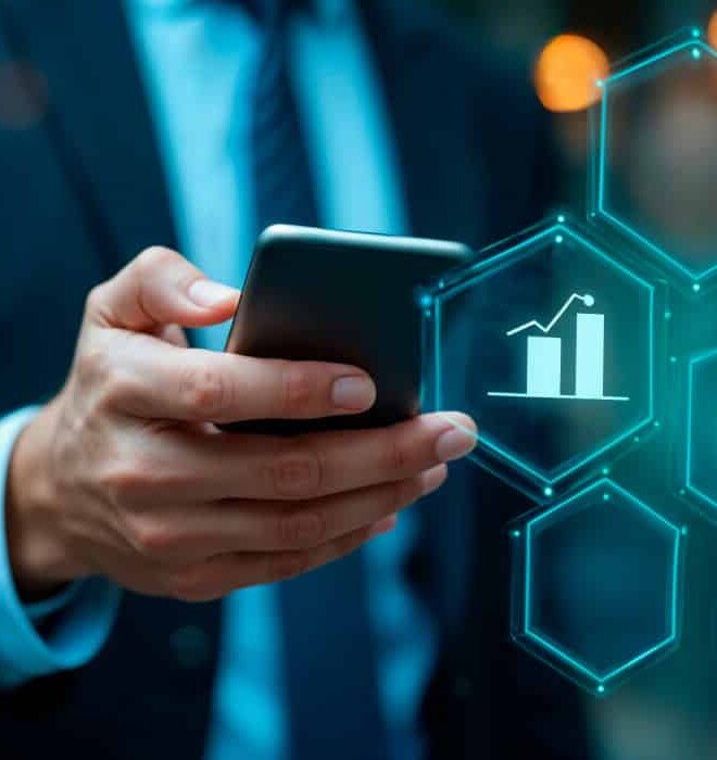 Executive reviewing fintech data on a smartphone